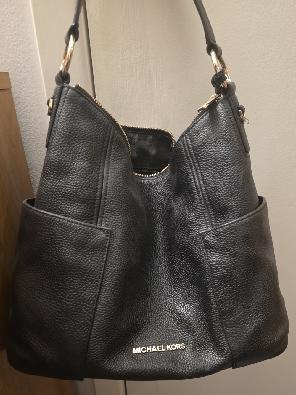 Michael Kors Black Pebbled Leather Hobo Shoulder Bag with Gold Hardware